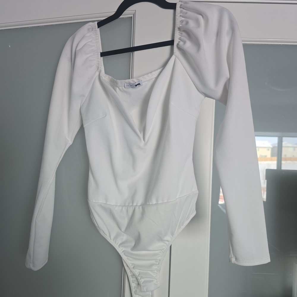 Fashion Nova White Long-Sleeve One-Piece Bodysuit